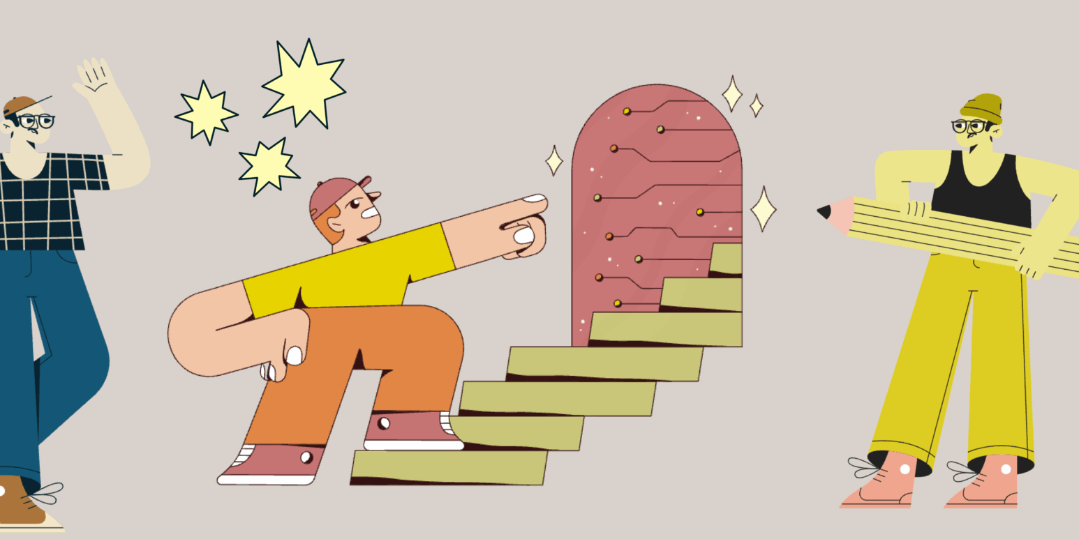 A stylized illustration of three graduate teaching assistants using a tablet and a large pencil to navigate a symbolic staircase toward a glowing digital portal.
