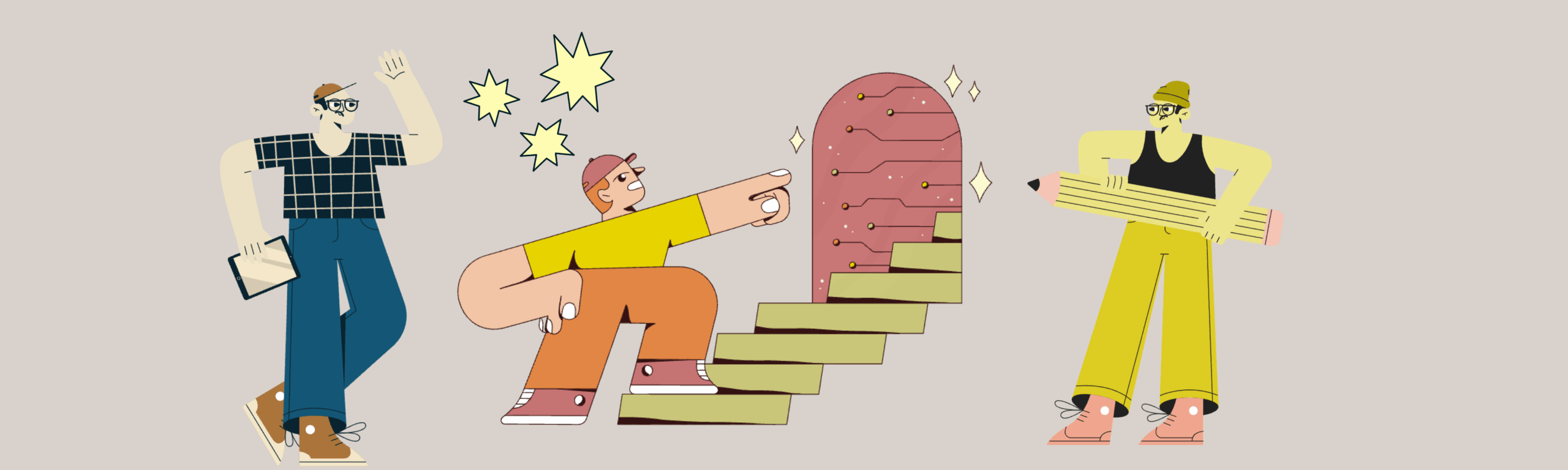 A stylized illustration of three graduate teaching assistants using a tablet and a large pencil to navigate a symbolic staircase toward a glowing digital portal.