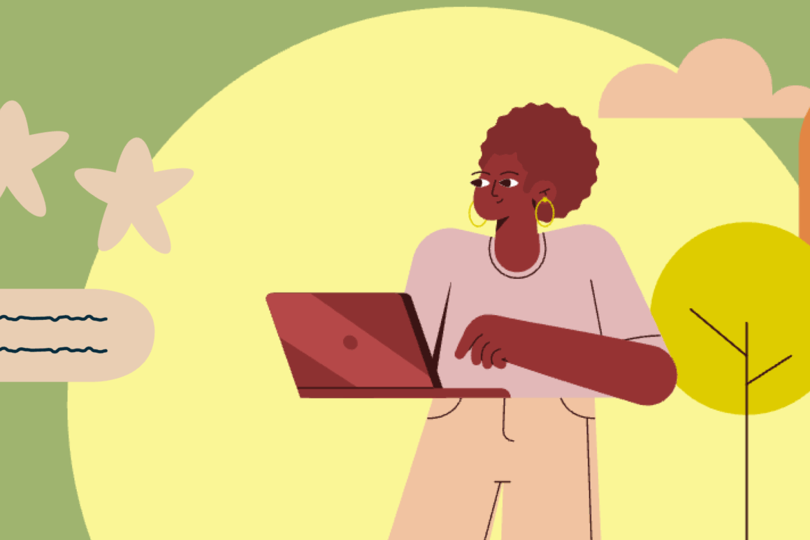 A stylized illustration of a student working on a laptop, accompanied by three stars and a text bubble representing academic standards and review.