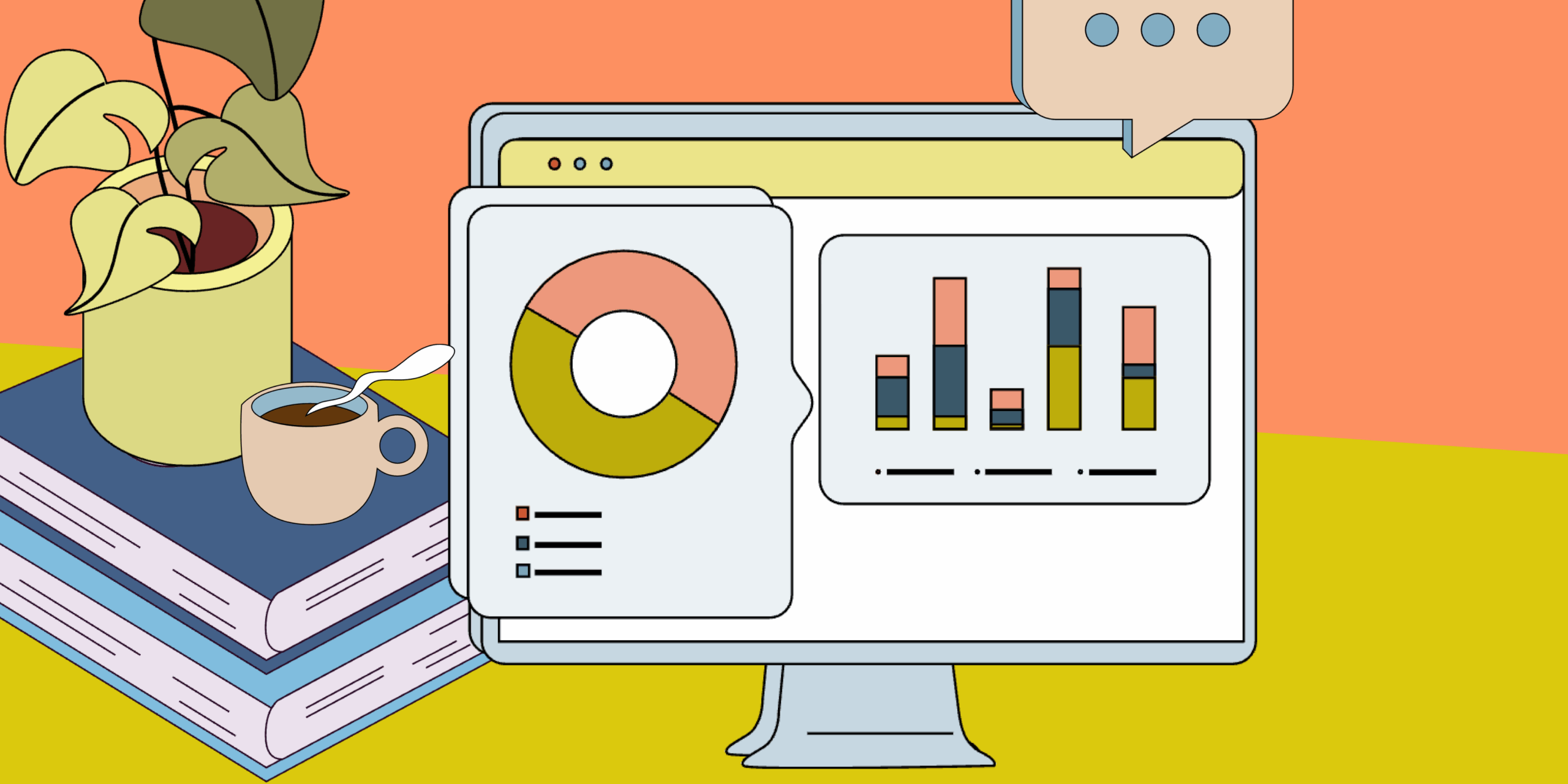 A colorful illustration of a digital dashboard on a computer monitor, surrounded by books, a plant, and a cup of coffee.