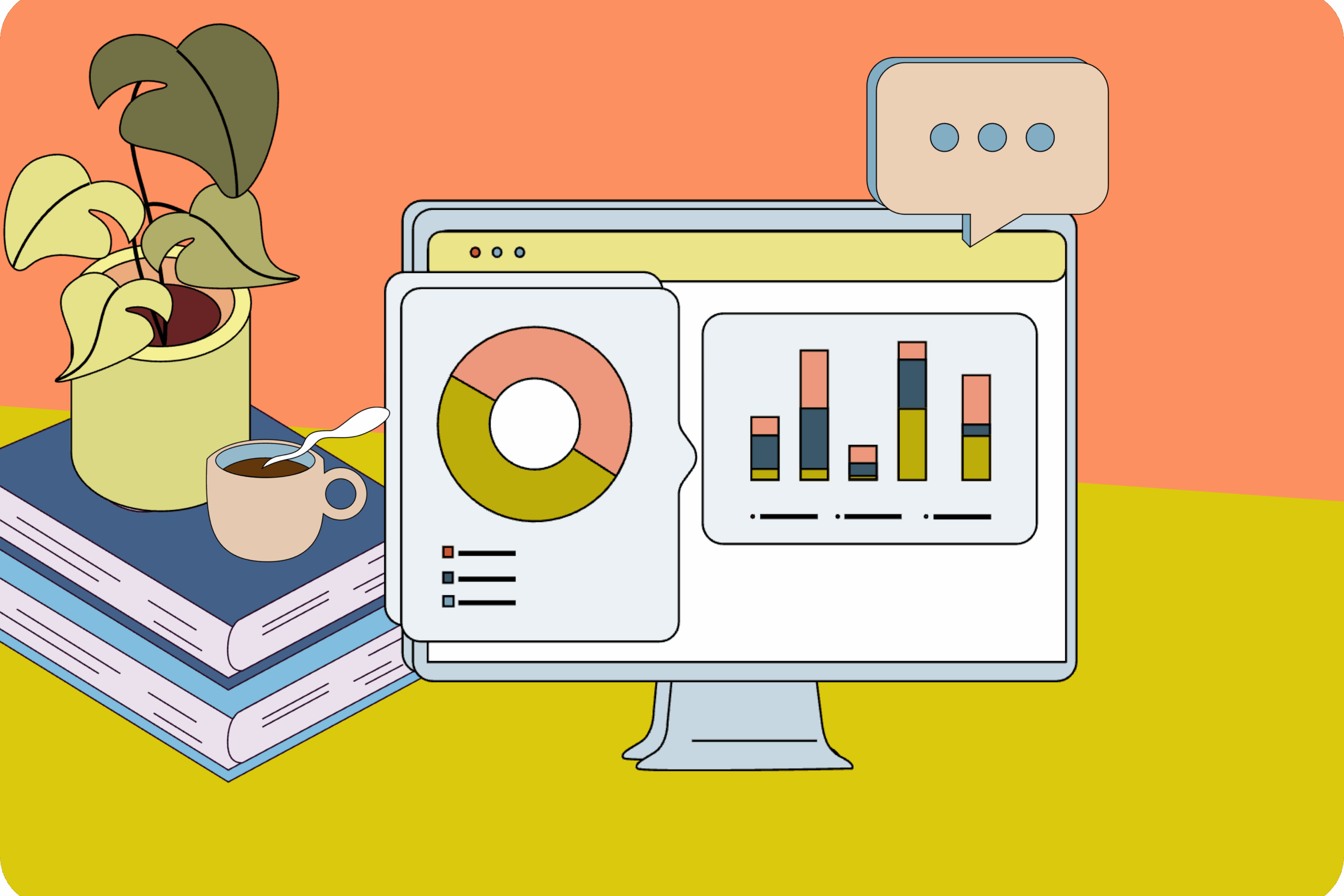 A colorful illustration of a digital dashboard on a computer monitor, surrounded by books, a plant, and a cup of coffee.