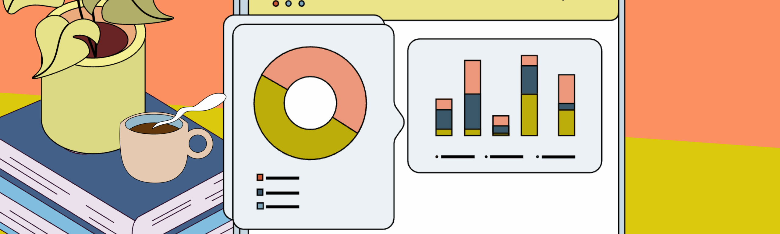 A colorful illustration of a digital dashboard on a computer monitor, surrounded by books, a plant, and a cup of coffee.