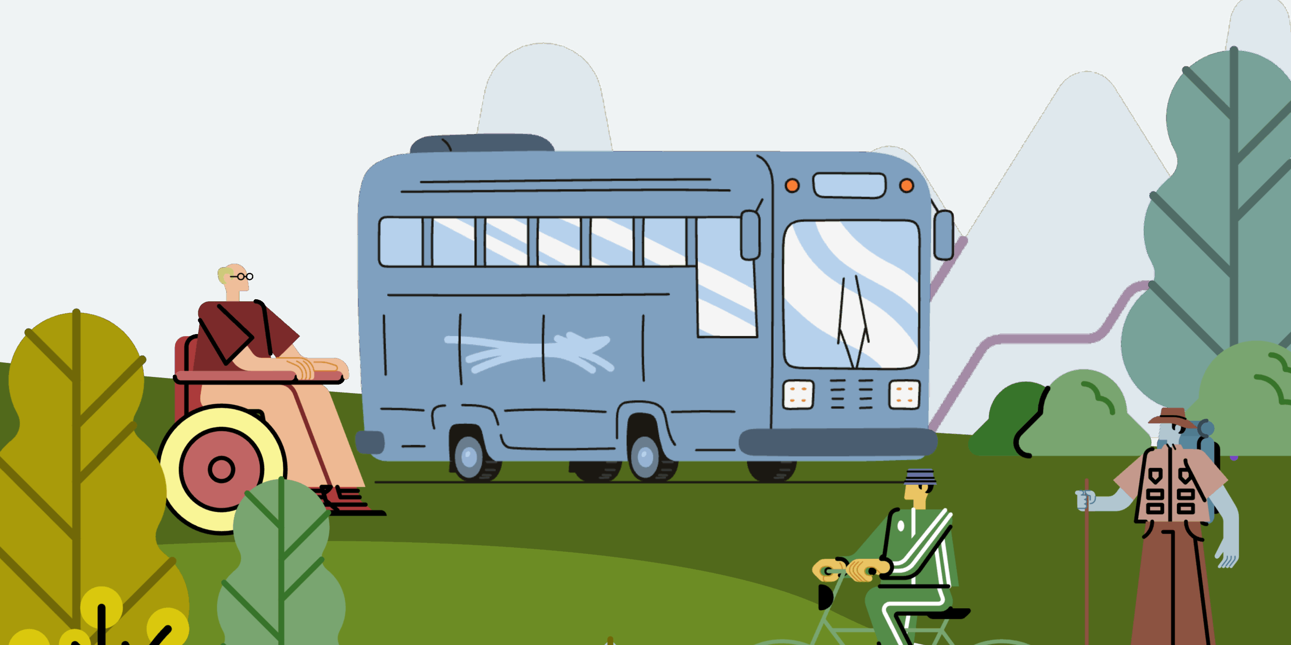 A vibrant illustration showing diverse people—including a wheelchair user, a cyclist, and a hiker—gathering by a blue bus in a park, symbolizing community mobility and engagement.