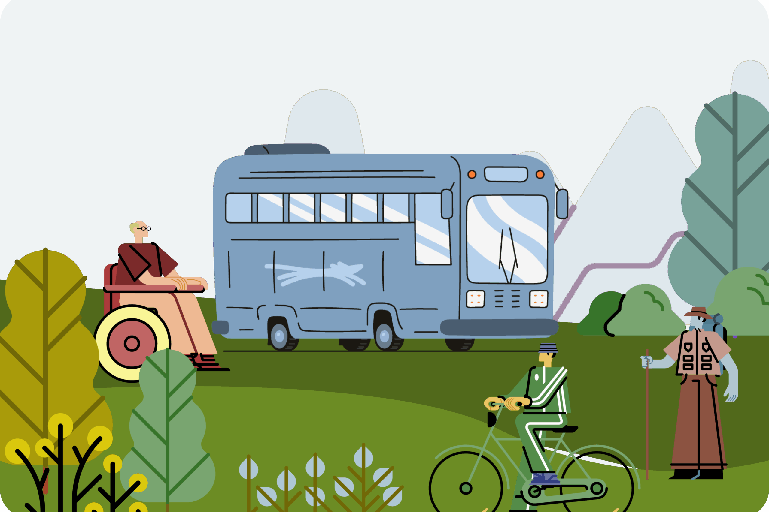 A vibrant illustration showing diverse people—including a wheelchair user, a cyclist, and a hiker—gathering by a blue bus in a park, symbolizing community mobility and engagement.