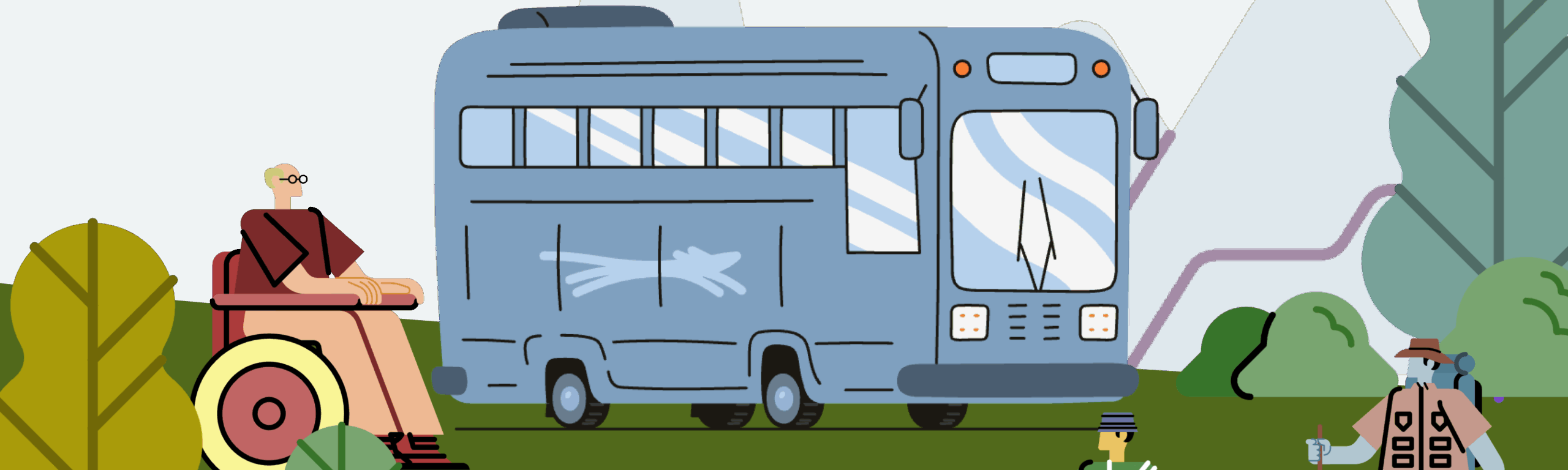 A vibrant illustration showing diverse people—including a wheelchair user, a cyclist, and a hiker—gathering by a blue bus in a park, symbolizing community mobility and engagement.