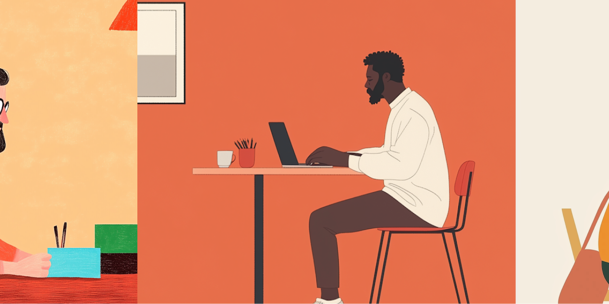 A triptych illustration of three faculty members in distinct panels, using a notebook, a laptop, and a tablet to document their varied approaches to AI in the classroom.