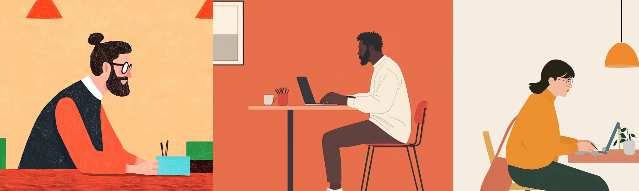 A triptych illustration of three faculty members in distinct panels, using a notebook, a laptop, and a tablet to document their varied approaches to AI in the classroom.