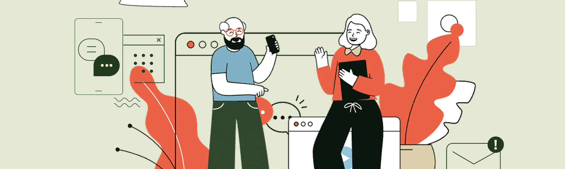 A friendly illustration of two diverse individuals collaborating around floating digital communication icons and browser windows, symbolizing inclusive digital accessibility.