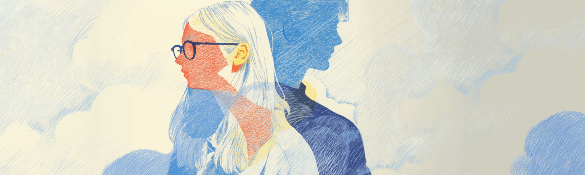 Stylized illustration of a woman with glasses and a shadow self in blue tones, using a limited color palette for a layered effect.