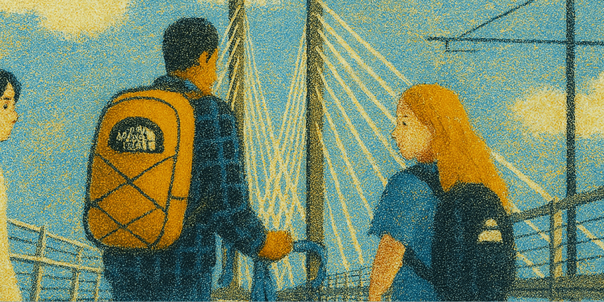 A grainy, atmospheric illustration of three students with backpacks walking across a cable-stayed bridge under a hazy yellow sky.