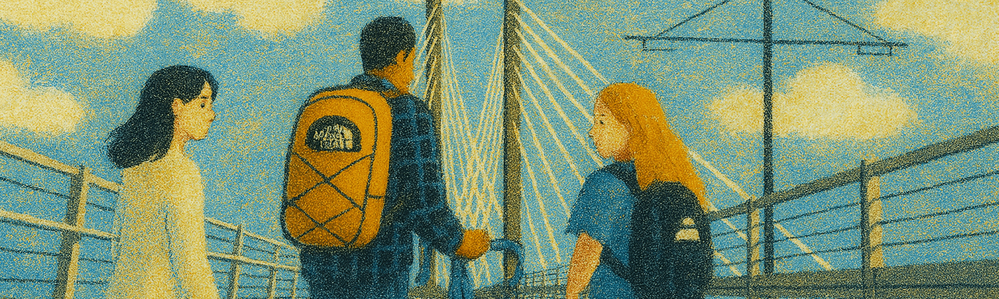 A grainy, atmospheric illustration of three students with backpacks walking across a cable-stayed bridge under a hazy yellow sky.