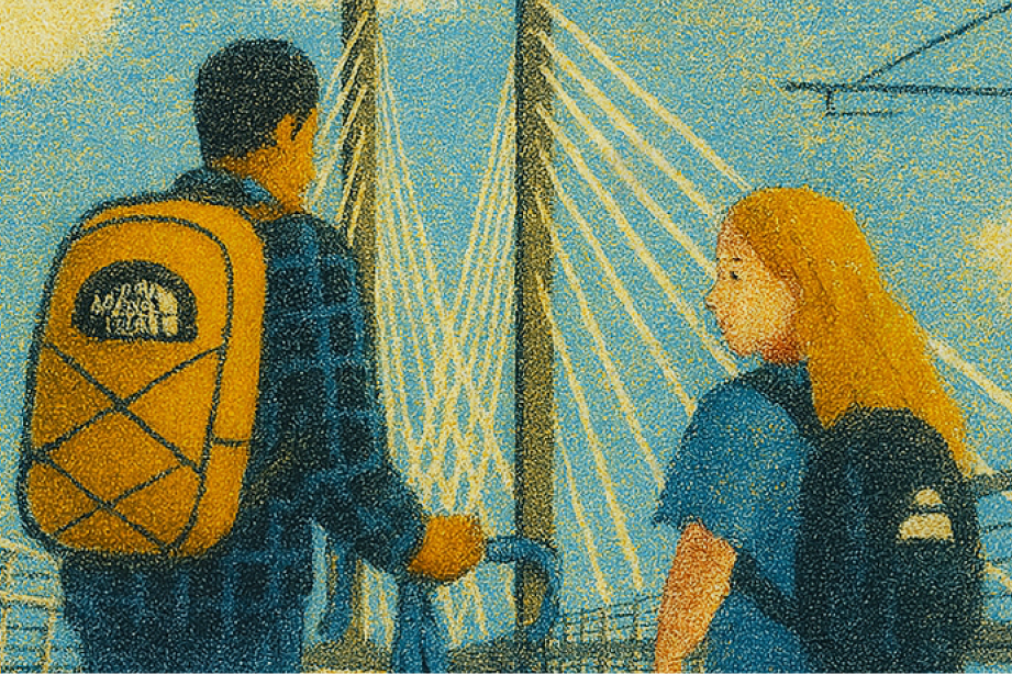 A grainy, atmospheric illustration of three students with backpacks walking across a cable-stayed bridge under a hazy yellow sky.