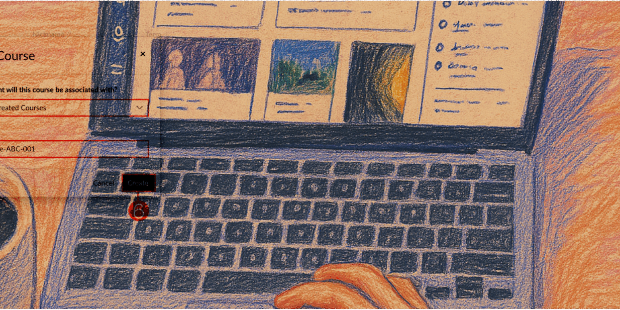A warm, hand-drawn illustration of a workspace with a laptop, coffee, and notebook, featuring a translucent digital overlay of the Canvas 