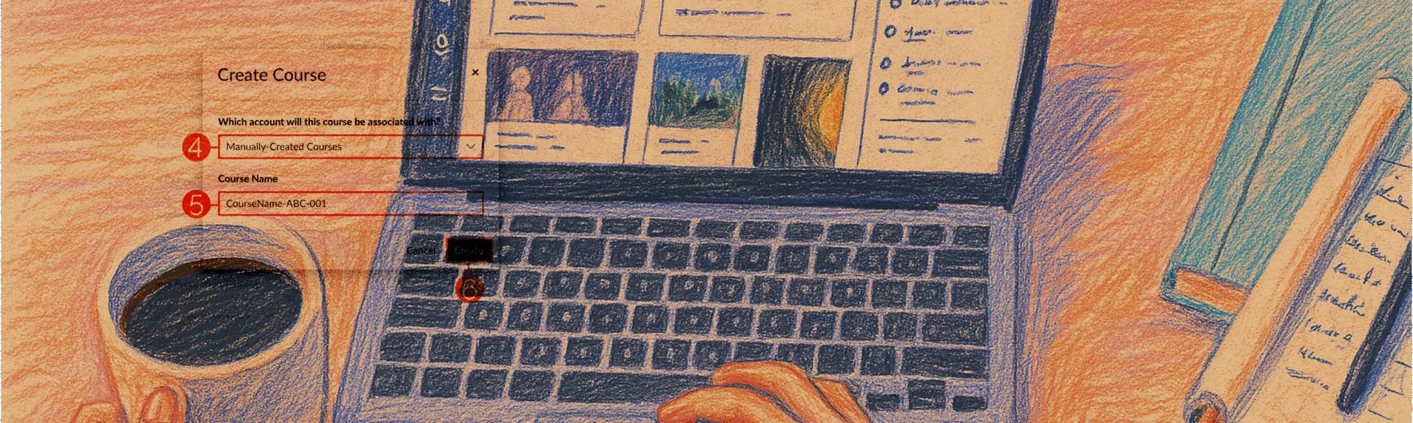 A warm, hand-drawn illustration of a workspace with a laptop, coffee, and notebook, featuring a translucent digital overlay of the Canvas 