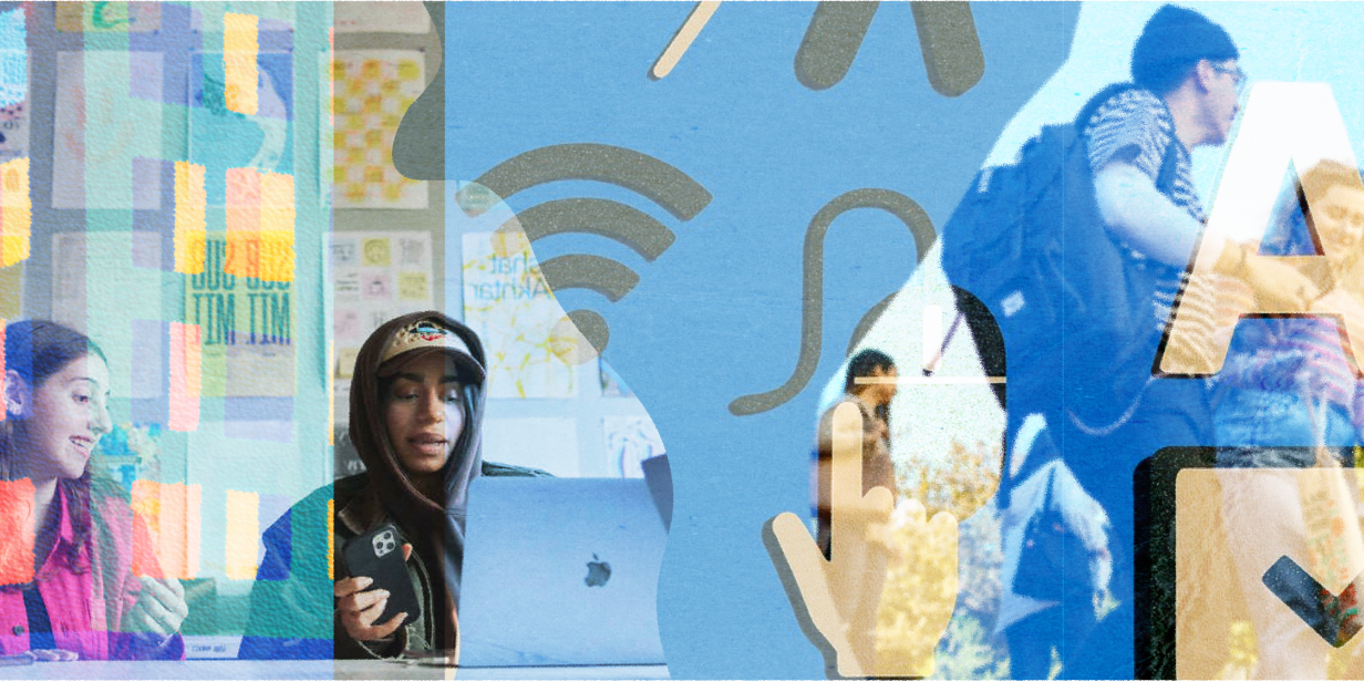 A blue-toned double-exposure collage layering photos of students on campus with translucent icons representing audio, Wi-Fi, and accessibility verification.