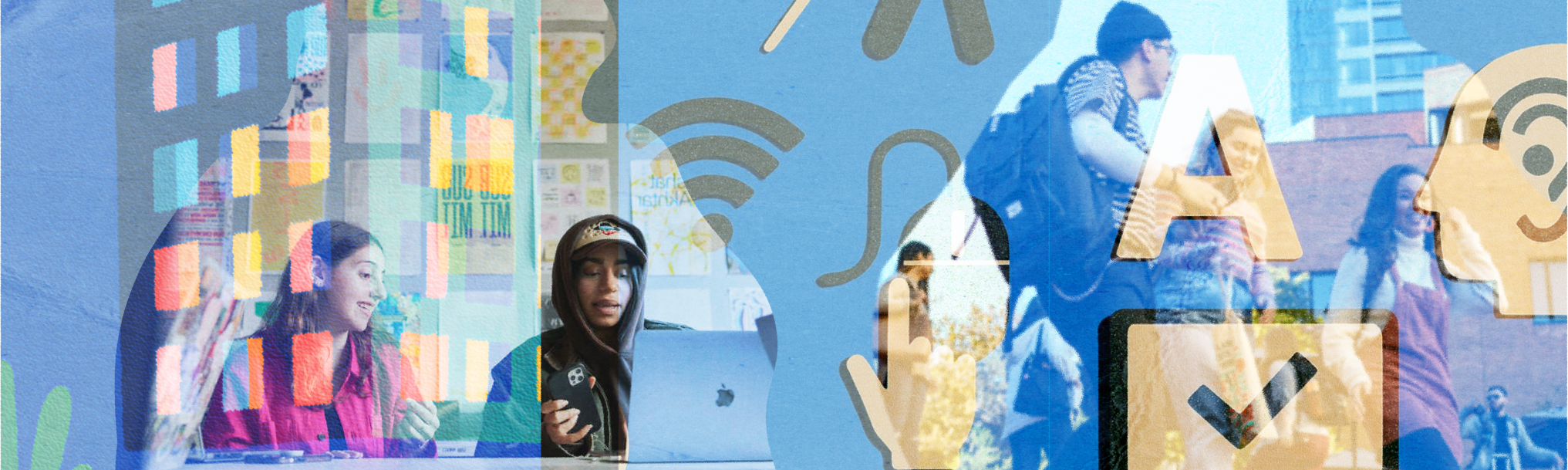 A blue-toned double-exposure collage layering photos of students on campus with translucent icons representing audio, Wi-Fi, and accessibility verification.