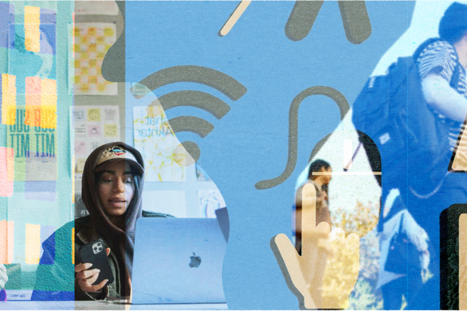 A blue-toned double-exposure collage layering photos of students on campus with translucent icons representing audio, Wi-Fi, and accessibility verification.