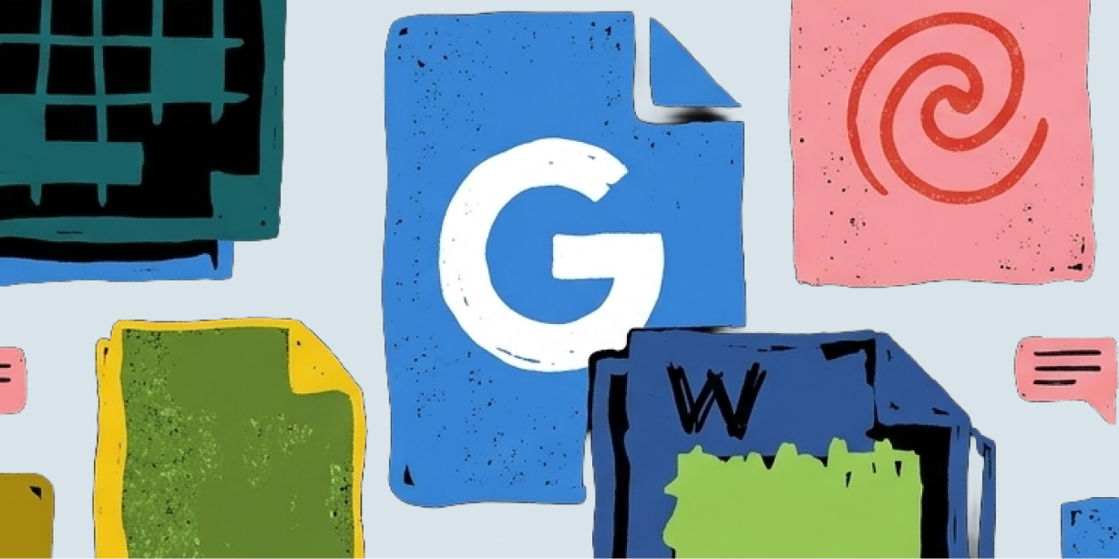 A vibrant, hand-drawn illustration of various document icons, spreadsheet grids, and software logos (like a large central 